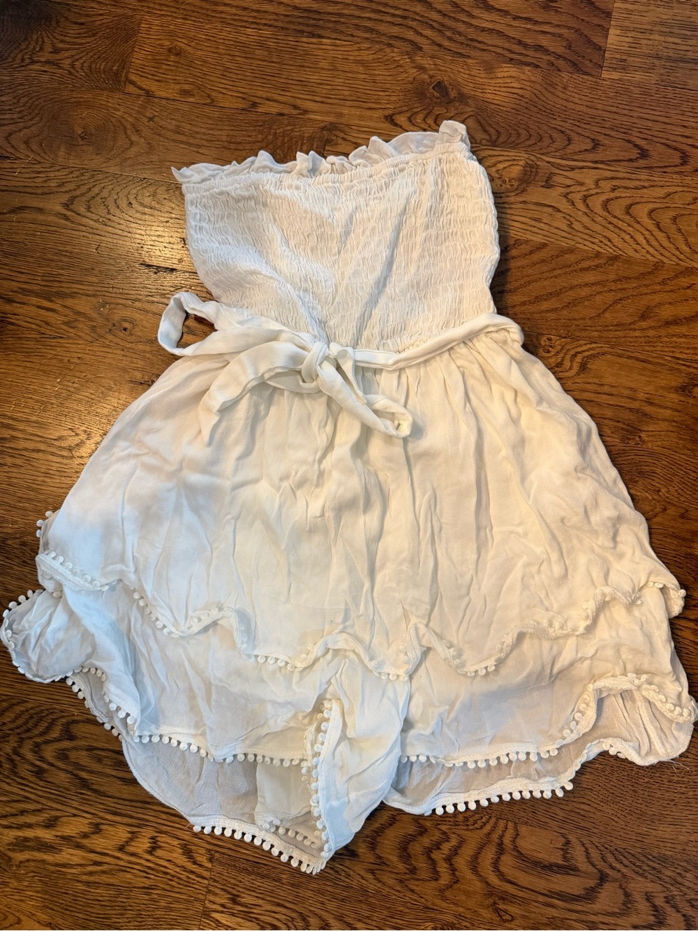 White Strapless Smocked Romper with Pom-Pom Trim